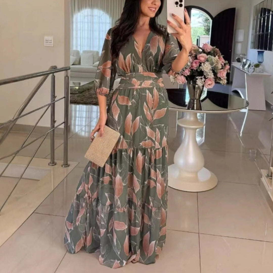 BELL™ - Elegant V-Neck Puff Sleeve Maxi Dress - MABEL LONDON