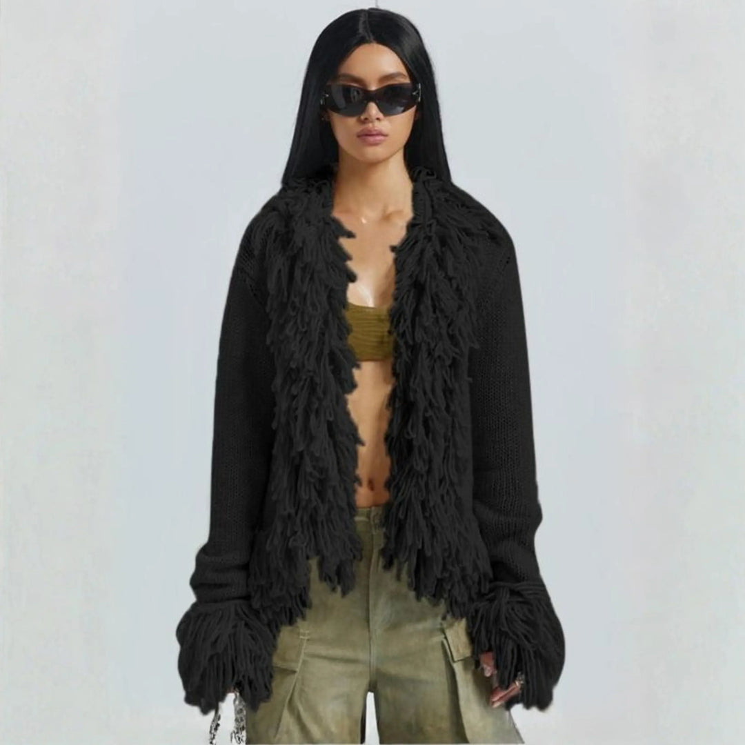 TALAYAH™ - Chic Fringe Long Sleeve Open Front Cardigan - MABEL LONDON