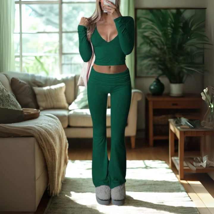 SINA™ - Casual V-Neck Long Sleeve Crop Top and Pants Set - MABEL LONDON