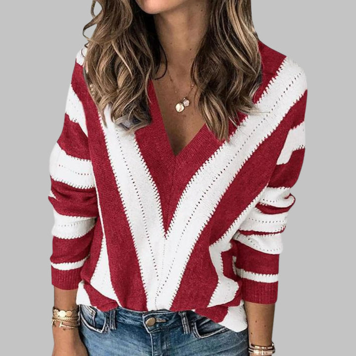 IMANI™ - Casual V-Neck Striped Long Sleeve Sweater - MABEL LONDON