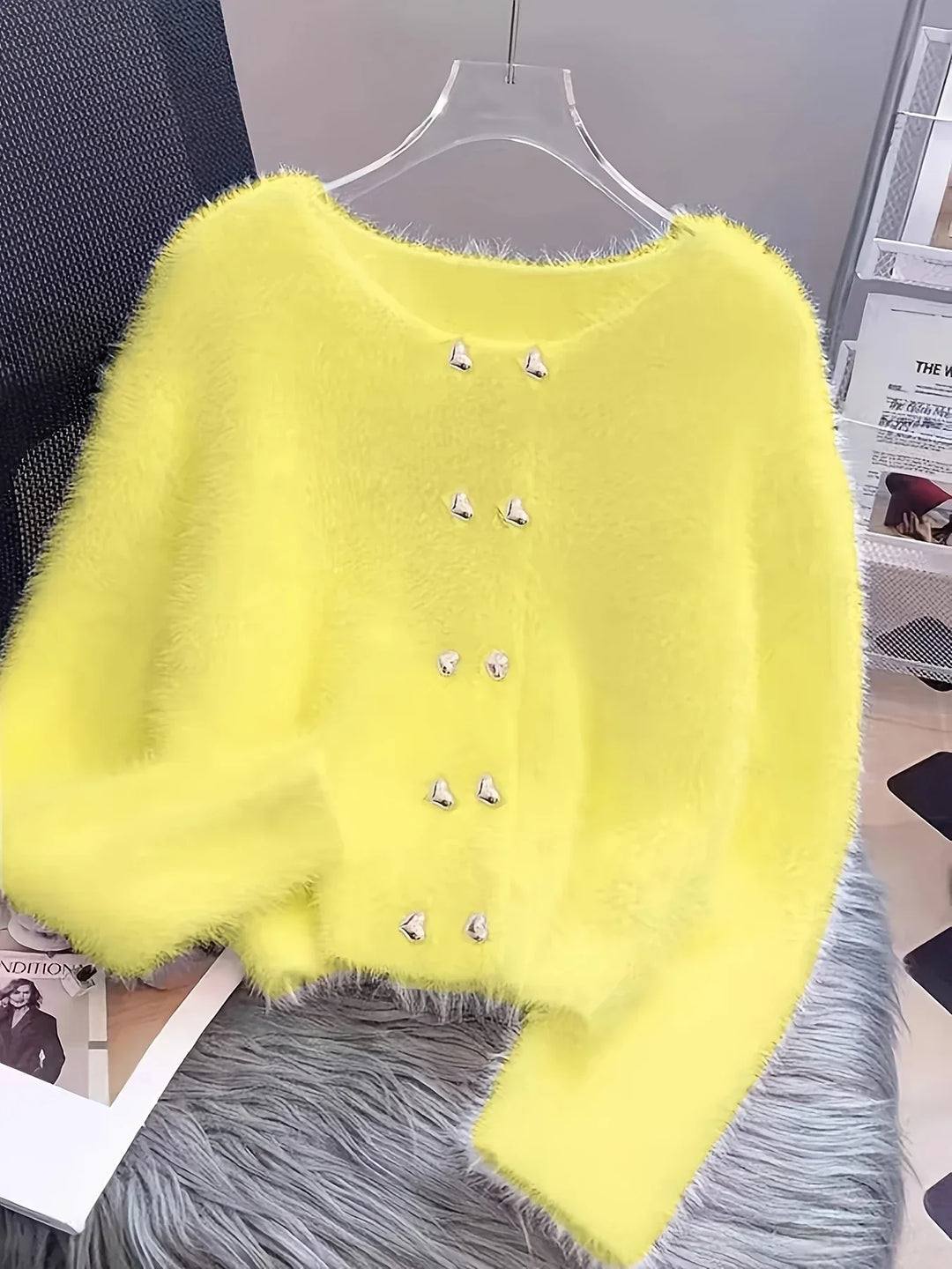 Luna – Fluffy Heart-Button Knit Sweater - MABEL LONDON