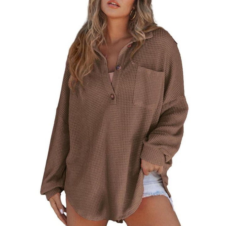 RHANNON™ - Casual Oversized Waffle V-Neck Long Sleeve Sweater - MABEL LONDON
