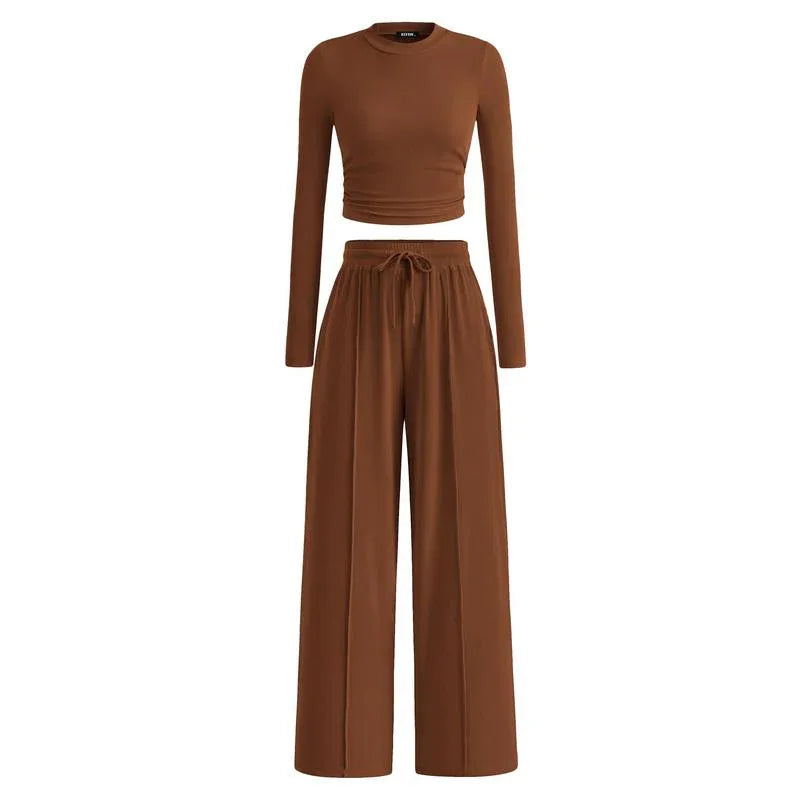 MIRELA™ - Ribbed Knit Long Sleeve Crop Top and Matching Pants Set - MABEL LONDON