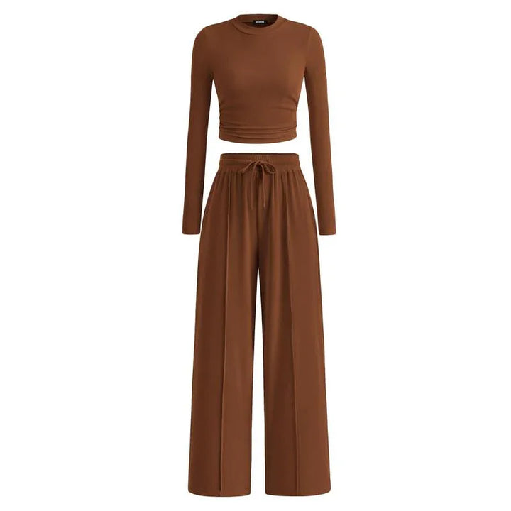 MIRELA™ - Ribbed Knit Long Sleeve Crop Top and Matching Pants Set - MABEL LONDON