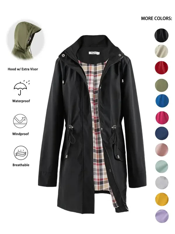 QING™ - Casual Drawstring Zip Up Hooded Trench Coat - MABEL LONDON