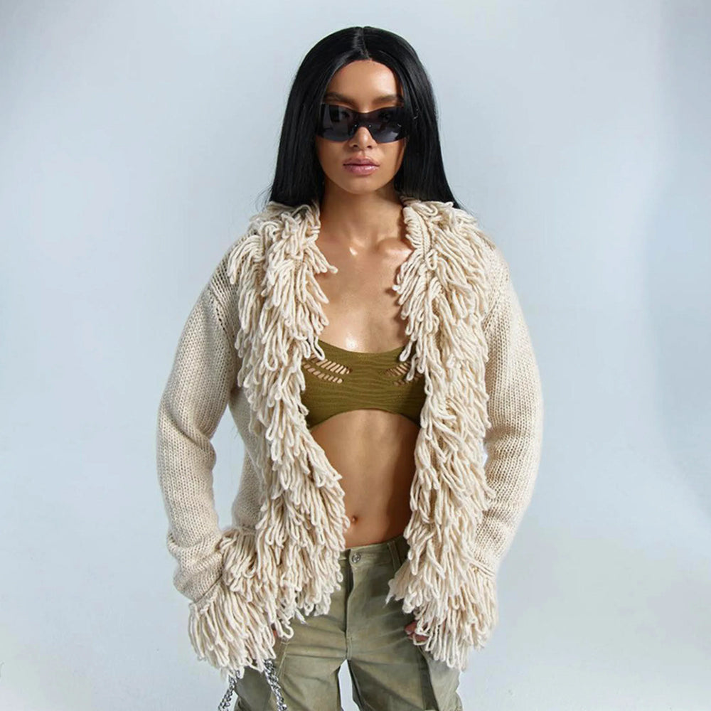 TALAYAH™ - Chic Fringe Long Sleeve Open Front Cardigan - MABEL LONDON