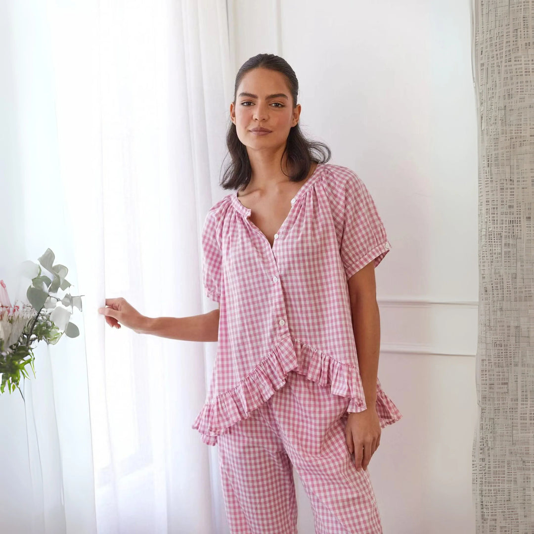 NEVERLAND™ - Casual Plaid Puff Sleeve Top and Pants Set - MABEL LONDON