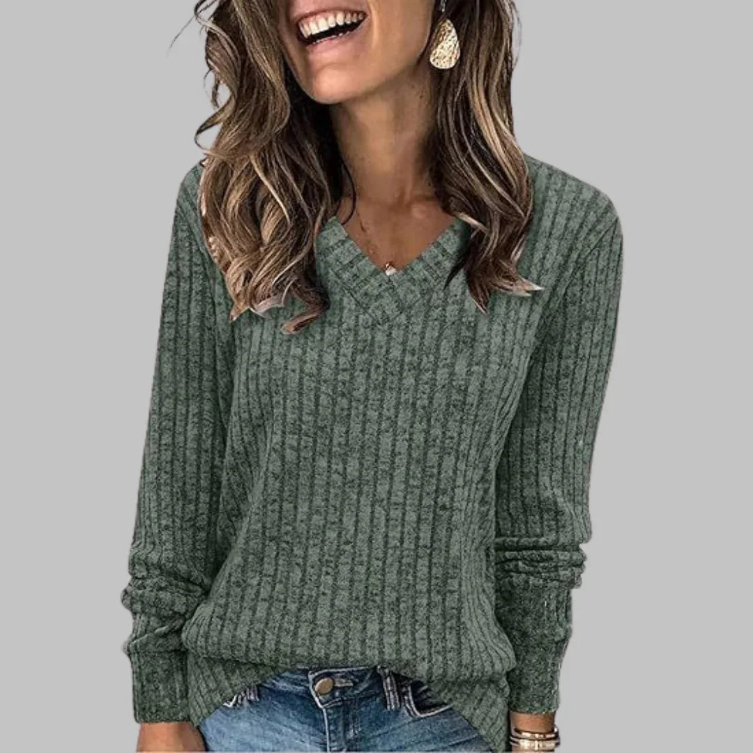KASHA™ - Casual V-Neck Long Sleeve Sweater - MABEL LONDON