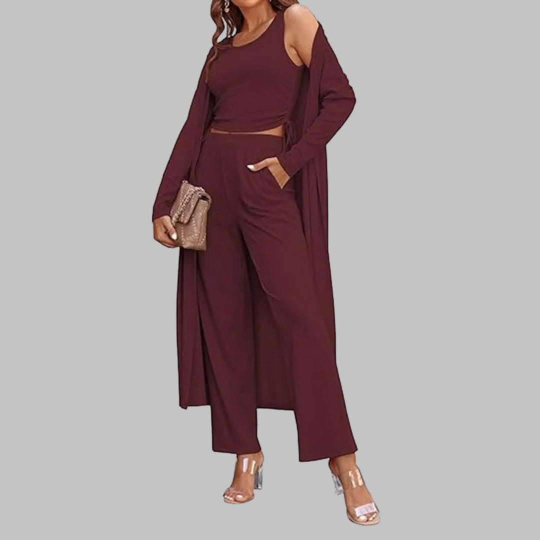 SANORA™ - Casual Lightweight Three Piece Long Cardigan Drawstring Top and Pants Sleepwear - MABEL LONDON