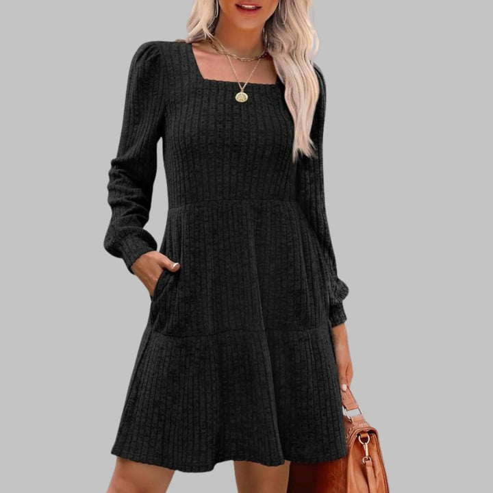 ULAN™ - Casual Square Neck Long Sleeve Midi Dress - MABEL LONDON