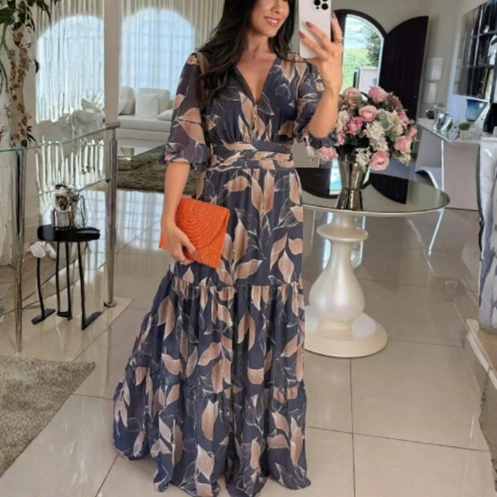 BELL™ - Elegant V-Neck Puff Sleeve Maxi Dress - MABEL LONDON