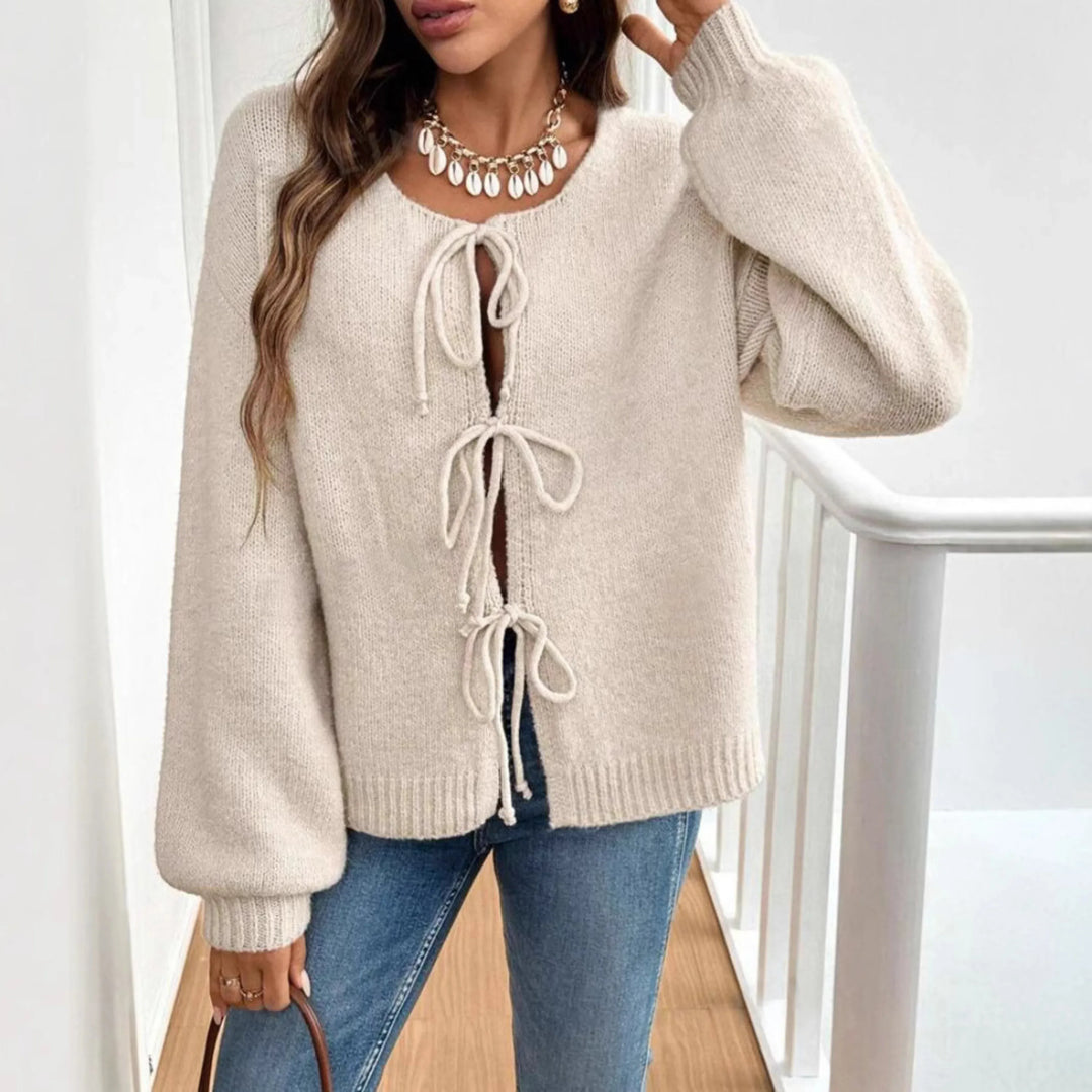 ADRIENNE™ - Chic Long Sleeve Round Neck Tie Front Cardigan - MABEL LONDON