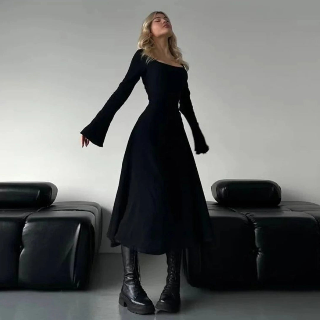 CILICIA™ - Classy Plain Flounce Long Sleeve Square Neck A-Line Maxi Dress - MABEL LONDON