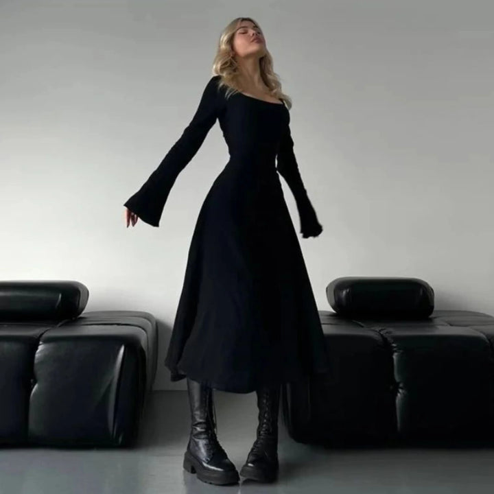 CILICIA™ - Classy Plain Flounce Long Sleeve Square Neck A-Line Maxi Dress - MABEL LONDON