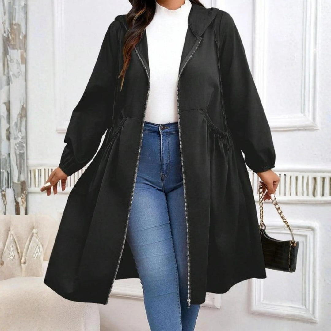 AVRIL™ - Casual Plus Size Drawstring Zip-Up Long Sleeve Hooded Coat - MABEL LONDON