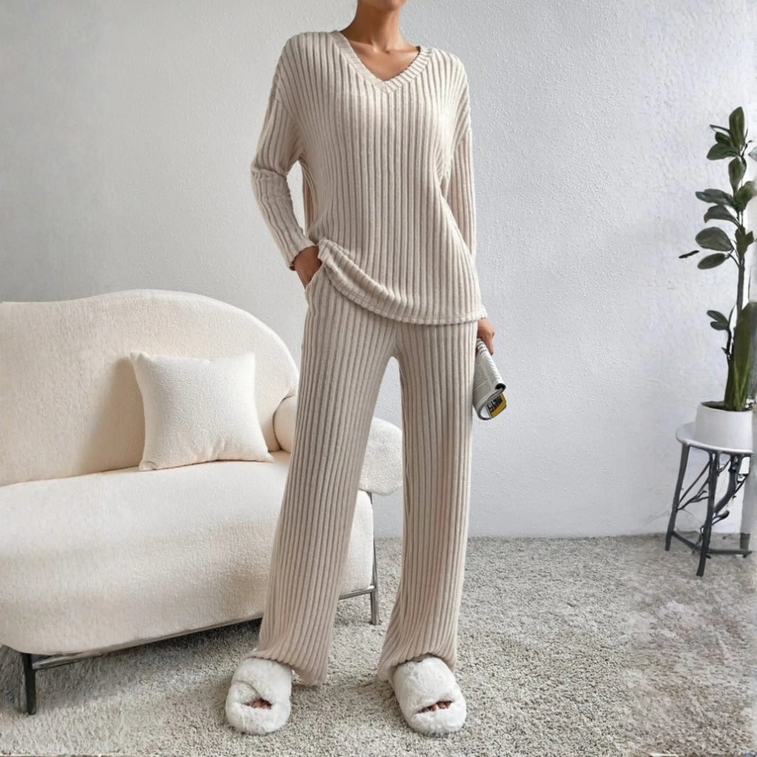 ENLINS™ - Casual Long Sleeve V-Neck Top and Pants Set - MABEL LONDON