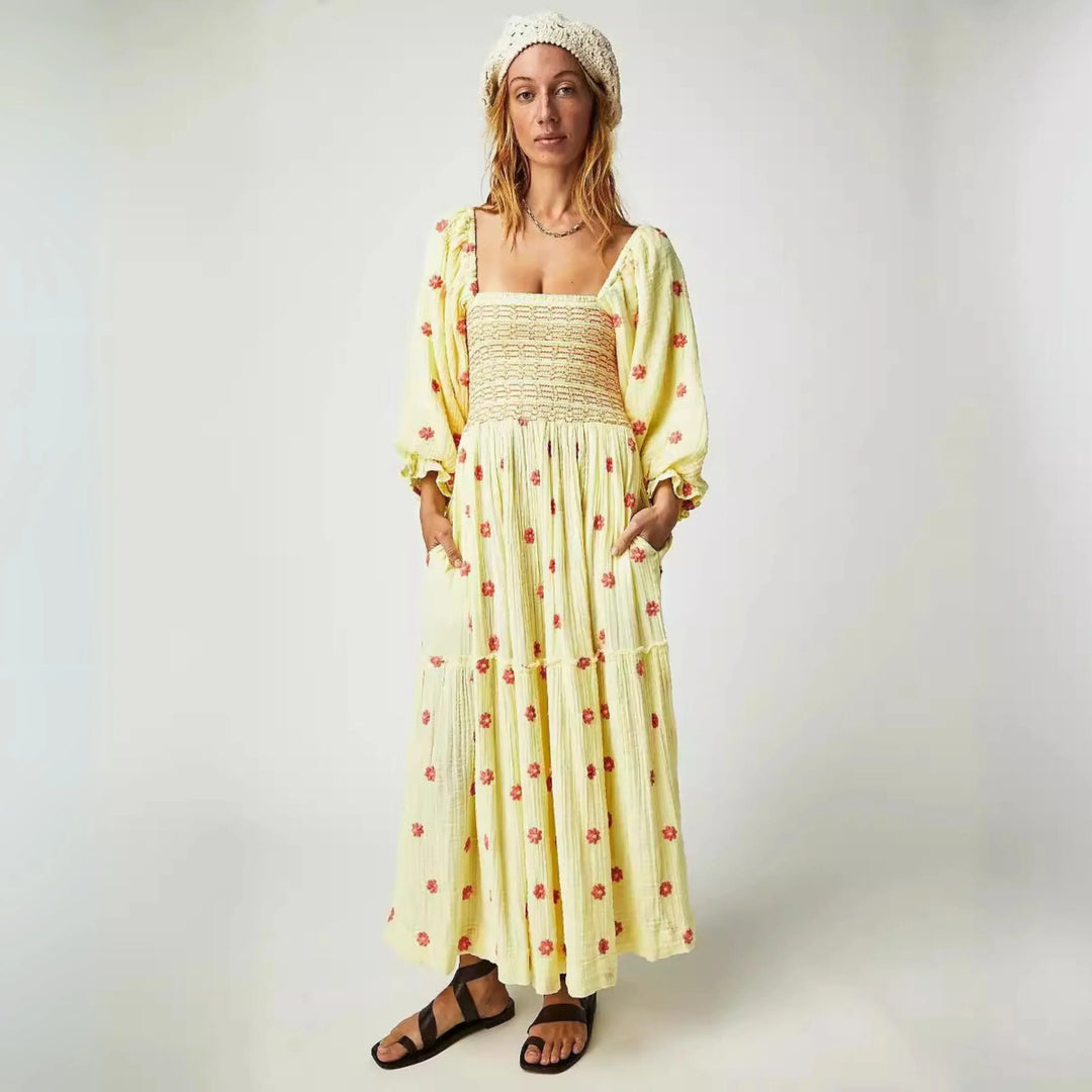 MOIRA™ - Comfy Floral Lantern Sleeve Square Neck Maxi Dress - MABEL LONDON