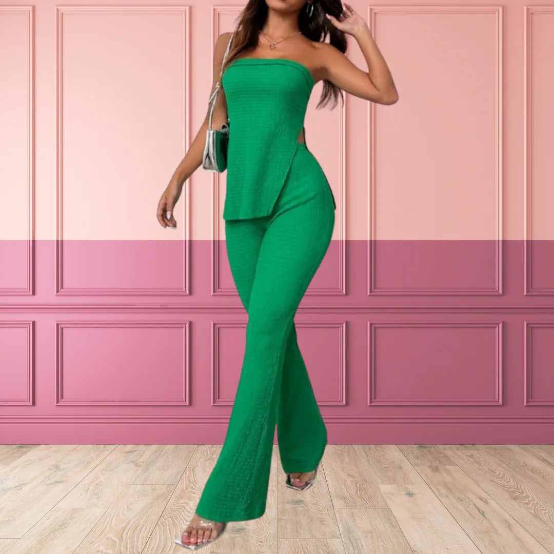 PEACHY™ - Elegant Split Hem Tube Top and Waist Pants Set - MABEL LONDON