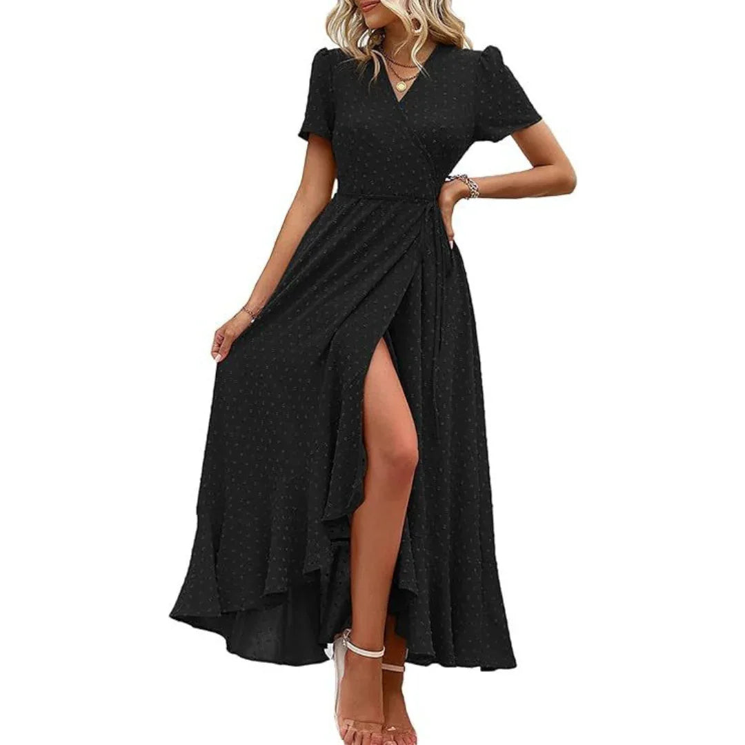 PILAR™ – Classy Flowy Wrap V-Neck Short Sleeve Maxi Dress - MABEL LONDON