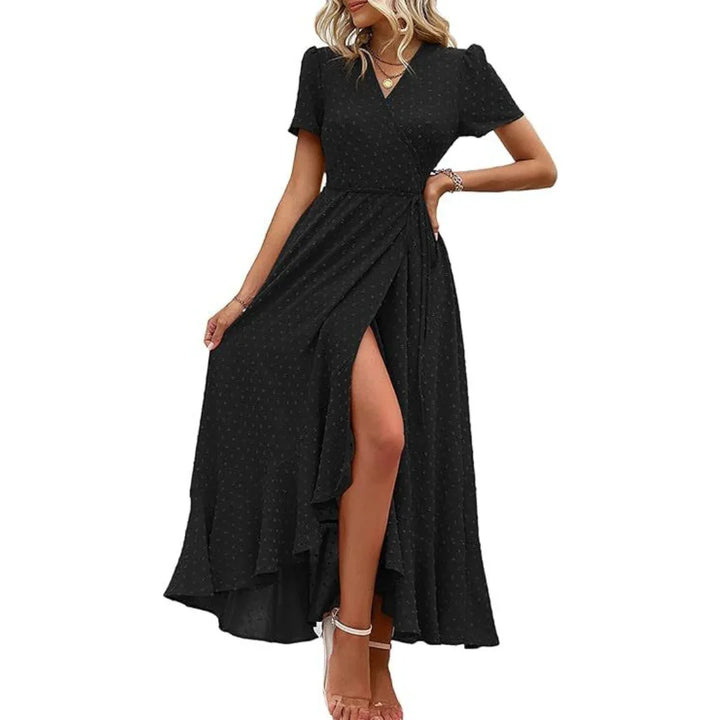 PILAR™ – Classy Flowy Wrap V-Neck Short Sleeve Maxi Dress - MABEL LONDON