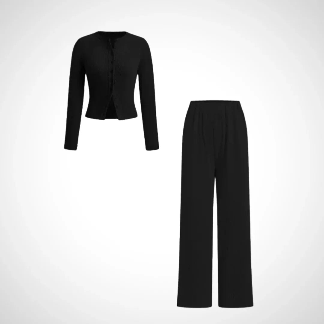 COLY™ - Comfy Button Front Long Sleeve Top and Pants Set - MABEL LONDON