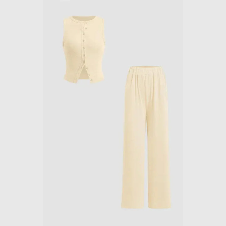 CLAIRE™ - Elegant Ribbed Button Tank and Pants Set - MABEL LONDON