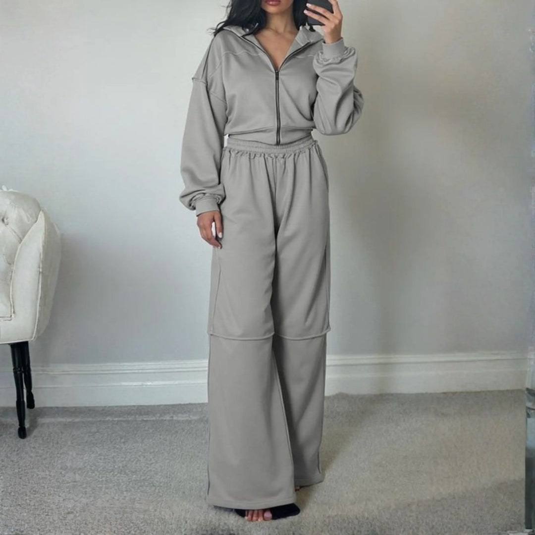 DARA™ - Comfy Zip Up Hooded Sweatshirt and Elastic Waist Pants Set - MABEL LONDON