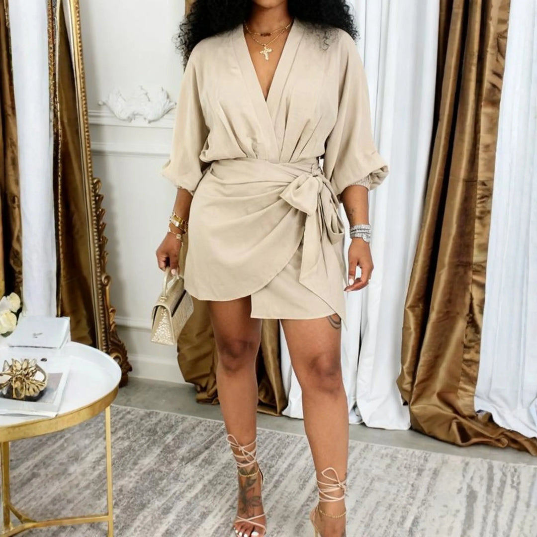 JEIYA™ - Chic Plain Side Tie Wrap V-Neck Bishop Party Mini Dress - MABEL LONDON