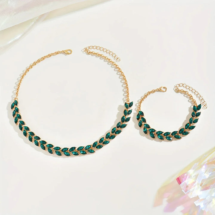 Elegant Green Crystal Necklace & Bracelet Duo - MABEL LONDON