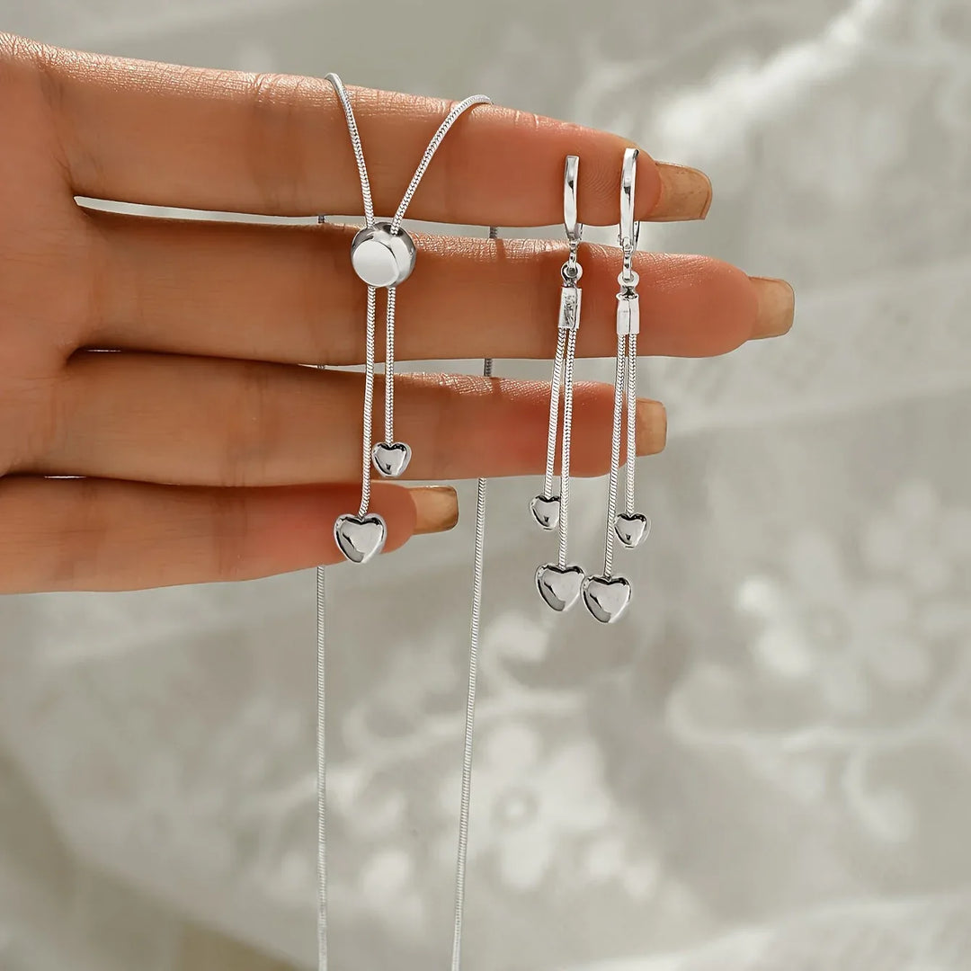 Adjustable Heart Pendant Necklace & Earrings Set - MABEL LONDON