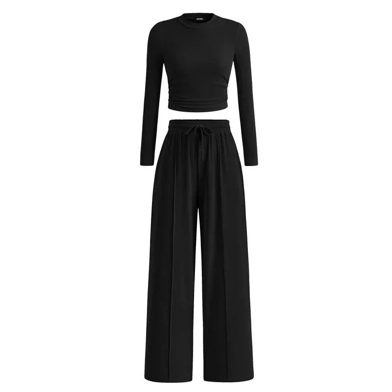 MIRELA™ - Ribbed Knit Long Sleeve Crop Top and Matching Pants Set - MABEL LONDON