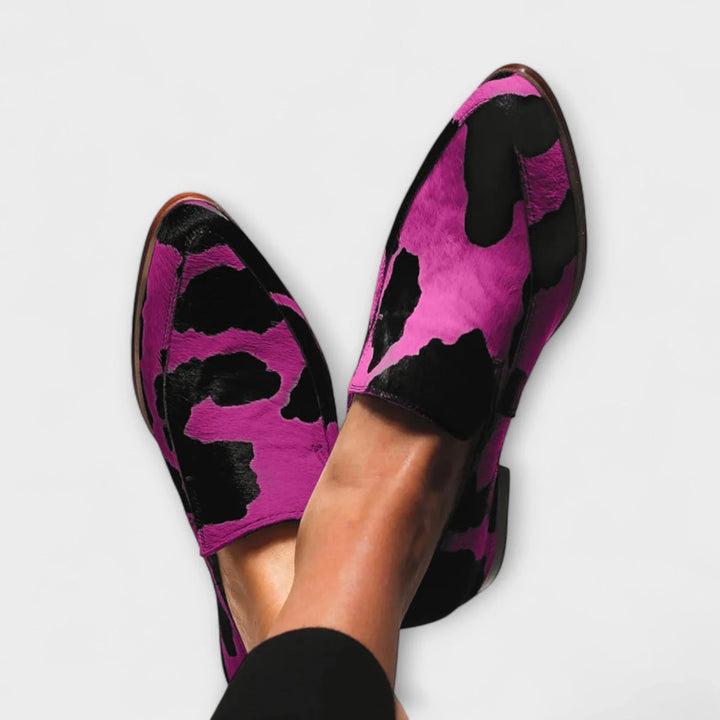 Serena - Cow Print Statement Loafers - MABEL LONDON