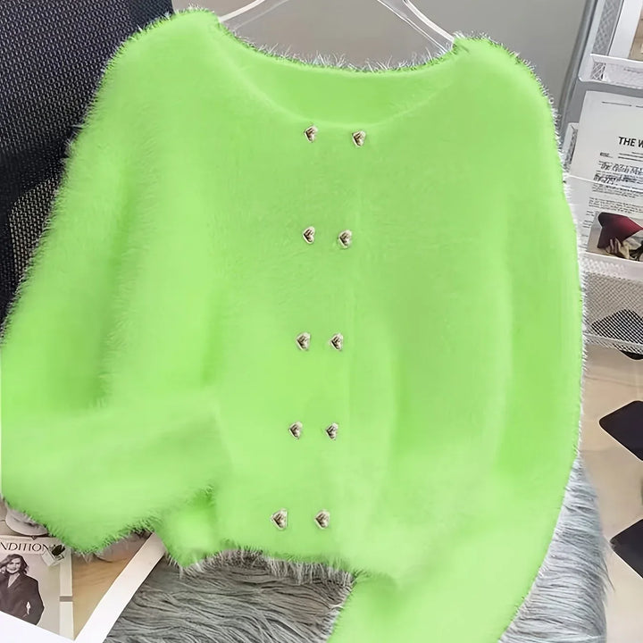 Luna – Fluffy Heart-Button Knit Sweater - MABEL LONDON