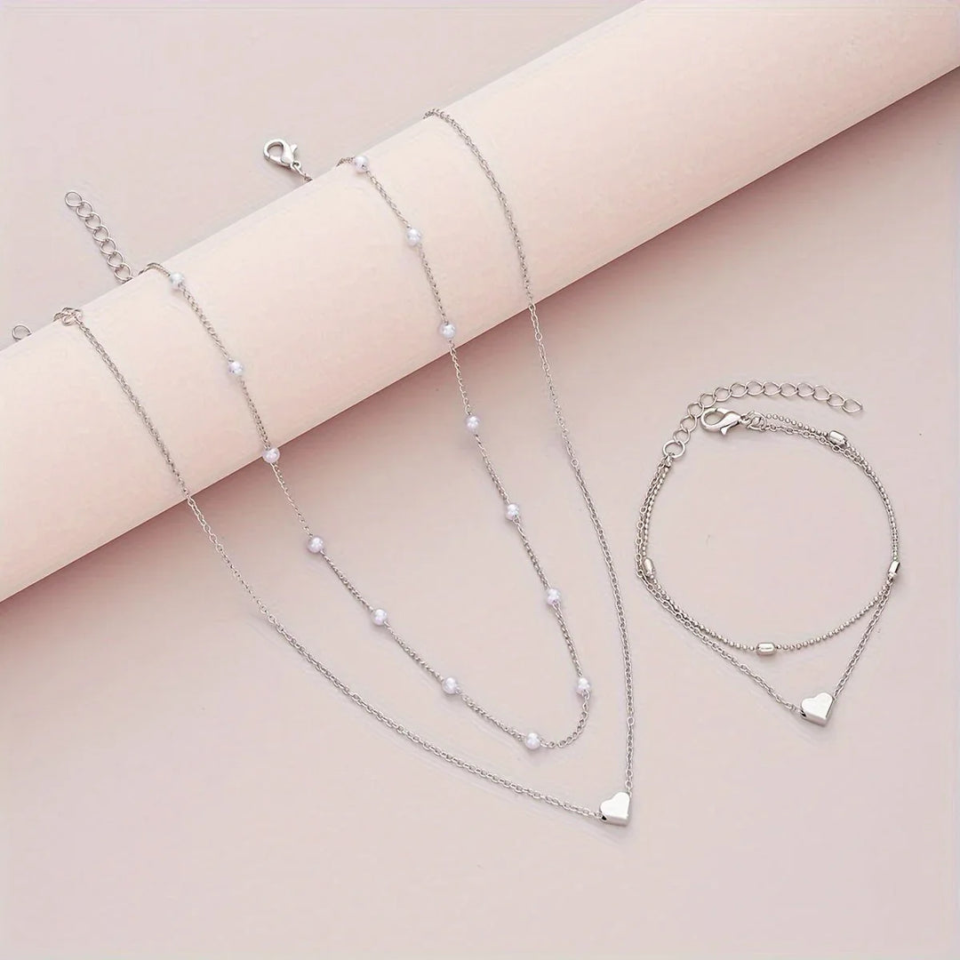 Layered Heart & Pearl Jewelry Set - MABEL LONDON