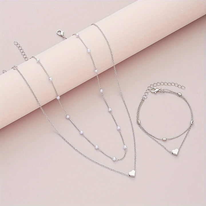 Layered Heart & Pearl Jewelry Set - MABEL LONDON