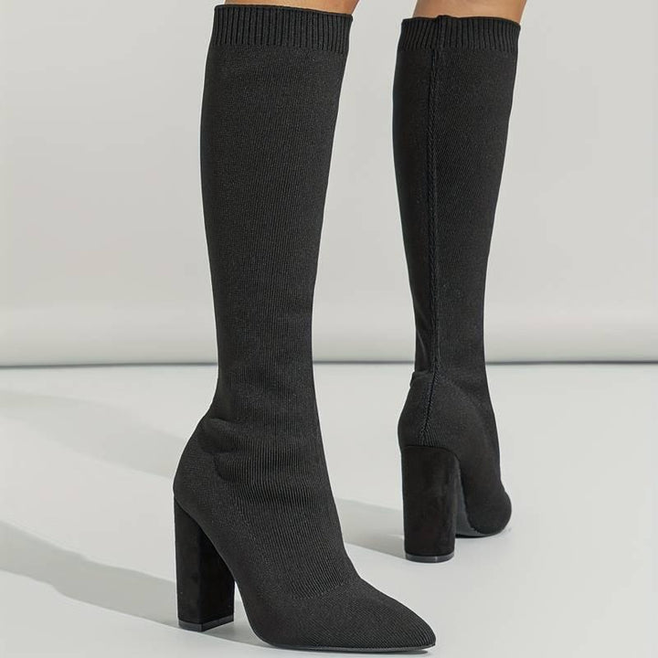 OLIVIA | WOMEN'S KNITTED SOCK BOOTS WITH BLOCK HEEL - MABEL LONDON