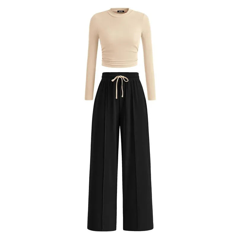 MIRELA™ - Ribbed Knit Long Sleeve Crop Top and Matching Pants Set - MABEL LONDON