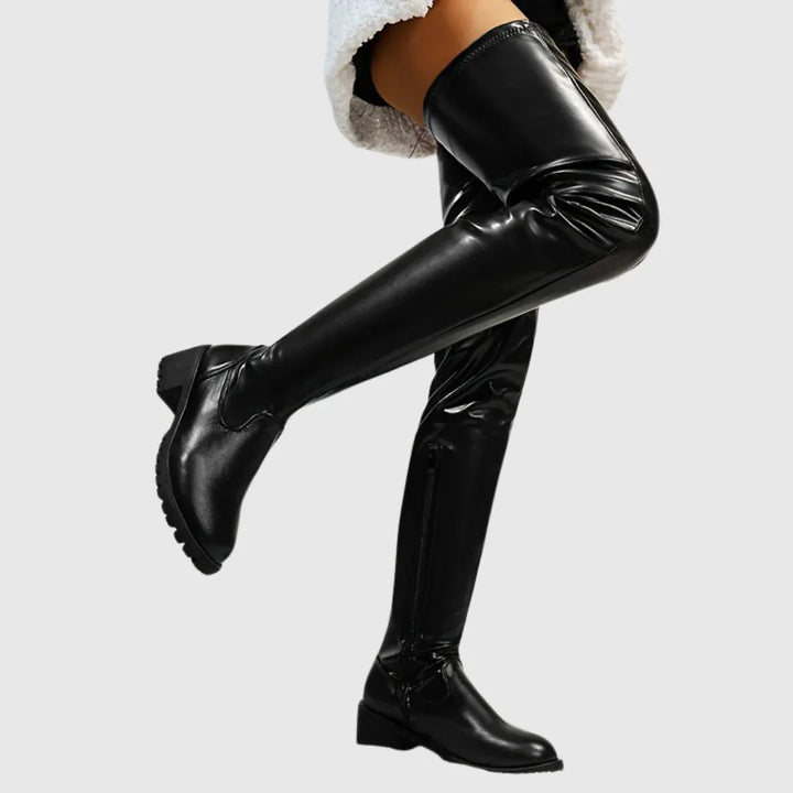 Fenisse | Chunky Heel Thigh-High Leather Boots - MABEL LONDON