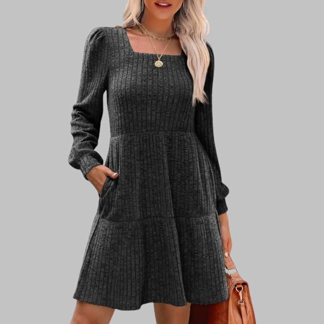 ULAN™ - Casual Square Neck Long Sleeve Midi Dress - MABEL LONDON