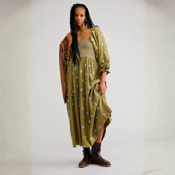MOIRA™ - Comfy Floral Lantern Sleeve Square Neck Maxi Dress - MABEL LONDON