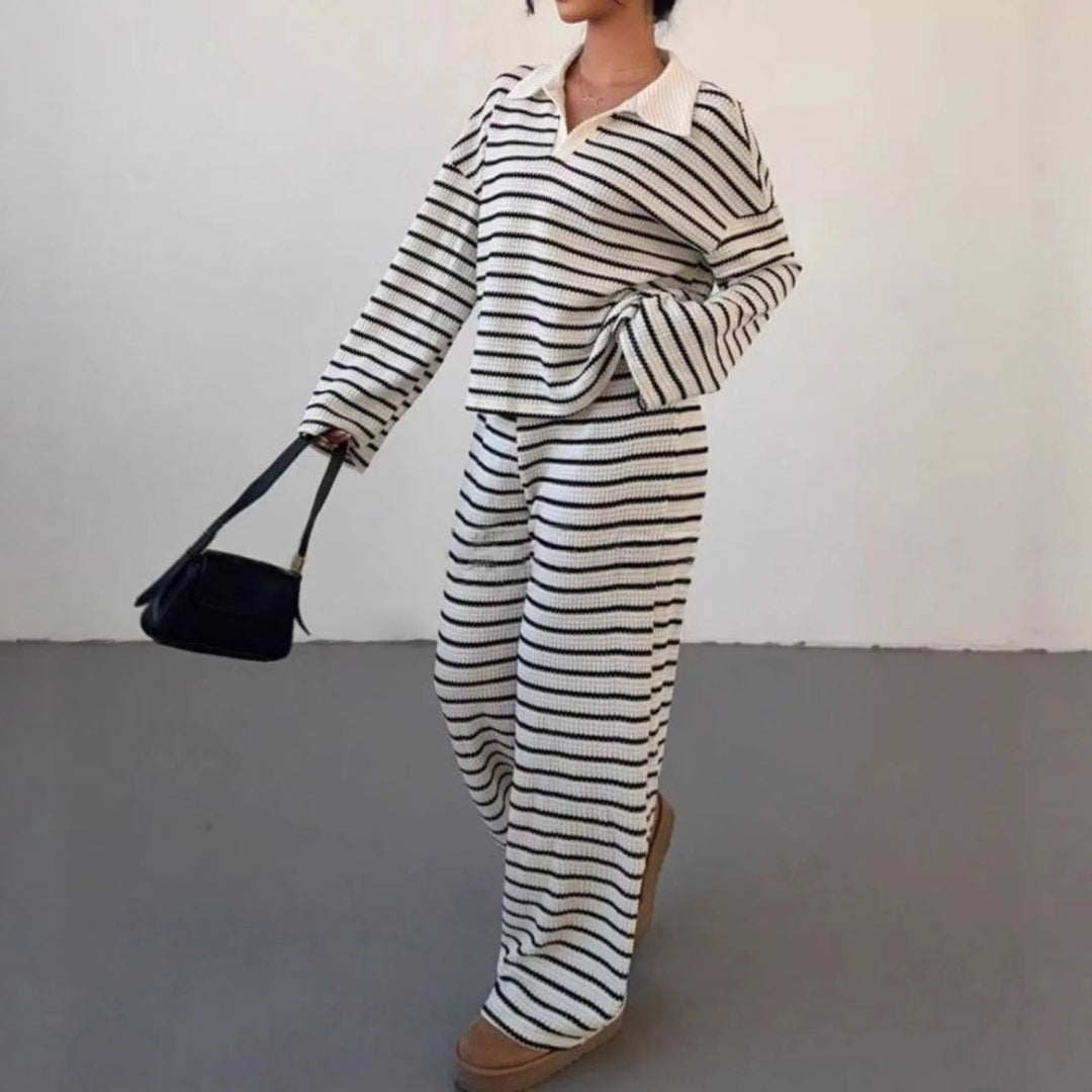 INCI™ - Casual Striped V-Neck Long Sleeve and Pants Set - MABEL LONDON