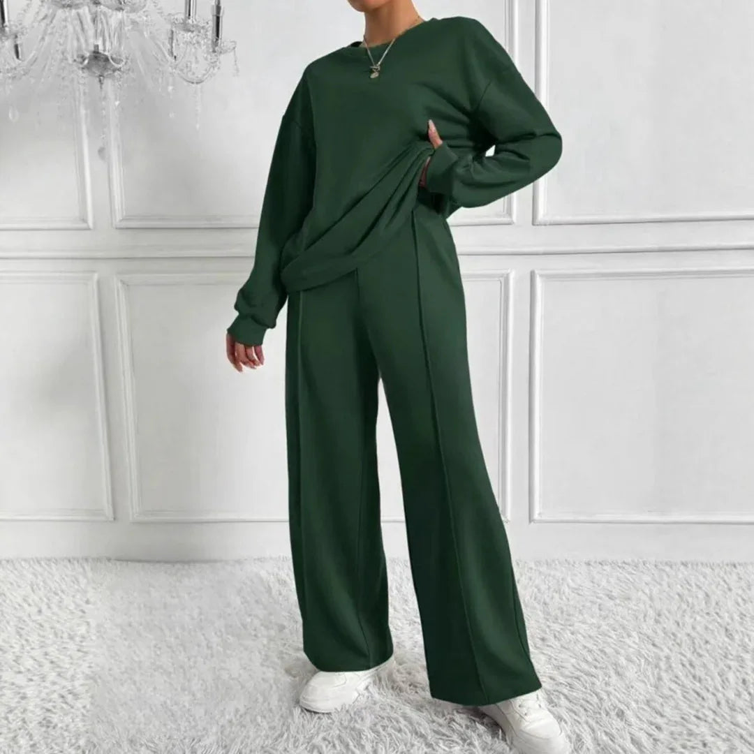 AMBRA™ - Casual Long Sleeve Sweatshirt and High Waist Pants Set - MABEL LONDON