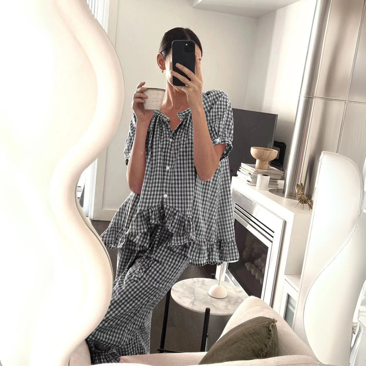 NEVERLAND™ - Casual Plaid Puff Sleeve Top and Pants Set - MABEL LONDON