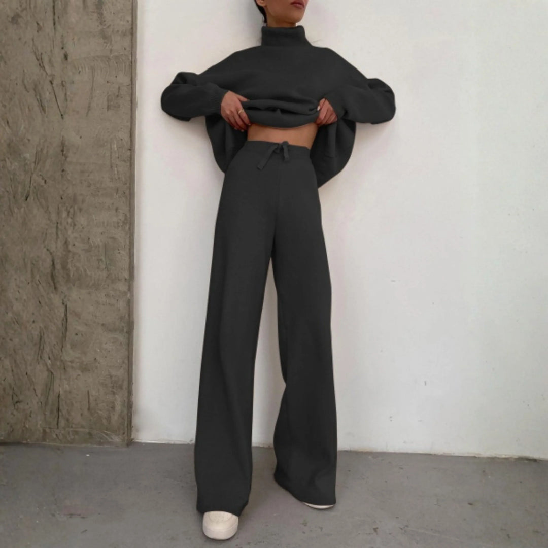 TADUM™ - Cozy Long Sleeve Turtleneck Top and Wide Leg Pants Set - MABEL LONDON