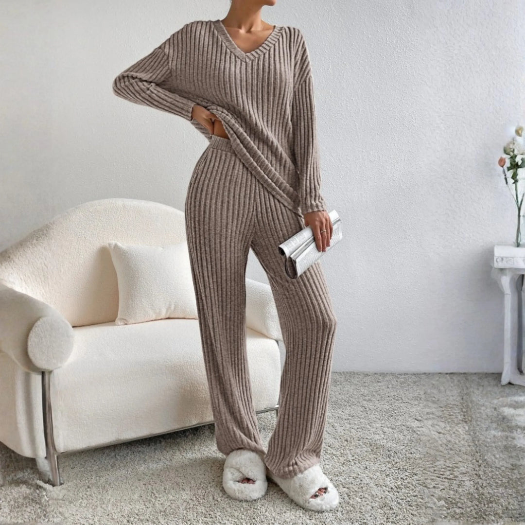 ENLINS™ - Casual Long Sleeve V-Neck Top and Pants Set - MABEL LONDON