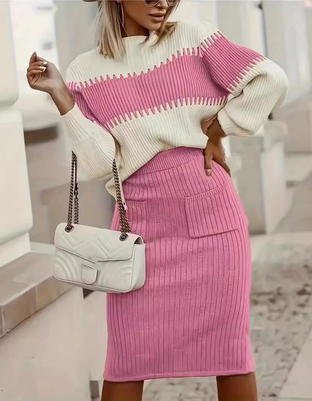 VIVA™ - Elegant Mock Neck Sweater and High Waist Skirt Set - MABEL LONDON