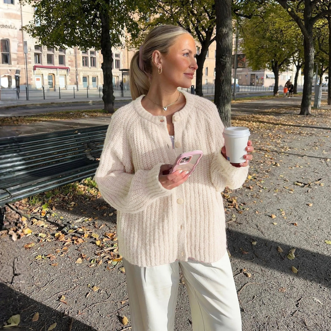 ELOWEN™ - Comfy Plain Button Down Long Sleeve Round Neck Cardigan - MABEL LONDON