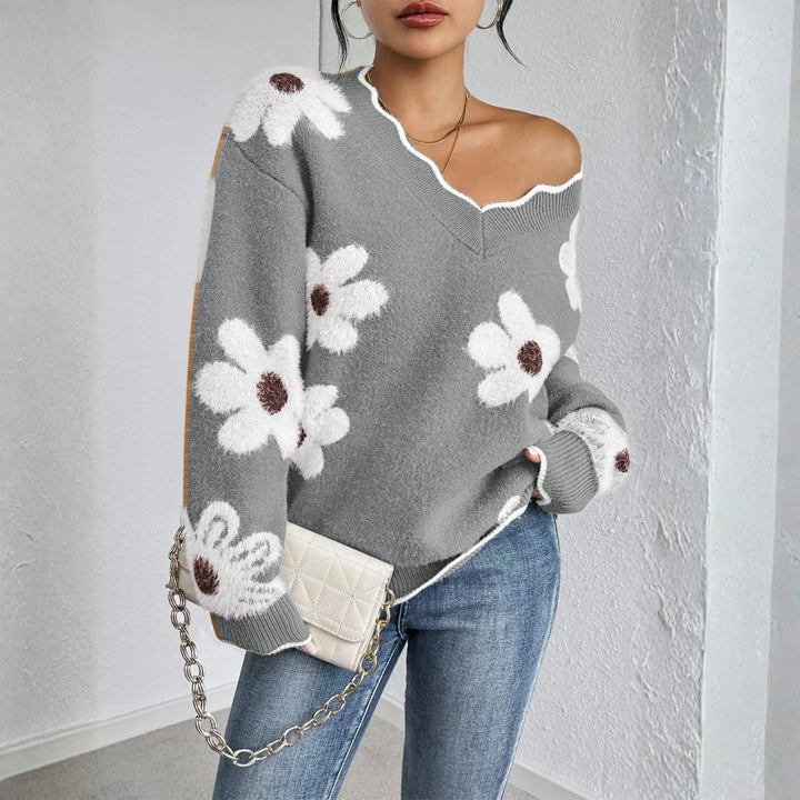 KYUPA™ - Casual Drop Shoulder Long Sleeve V-Neck Sweater - MABEL LONDON