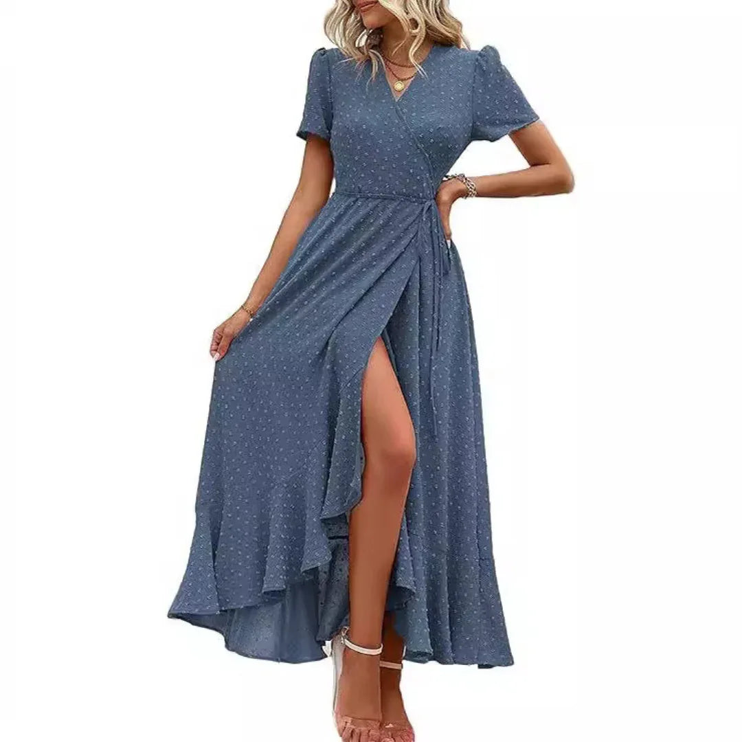 MARJORIE™ - Cozy Summer Wrap Ruffle Hem Split Maxi Dress - MABEL LONDON