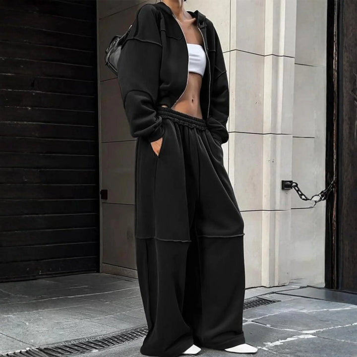 DARA™ - Comfy Zip Up Hooded Sweatshirt and Elastic Waist Pants Set - MABEL LONDON